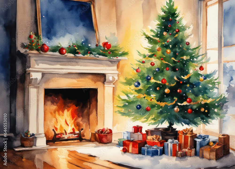 Beautiful christmas tree with fireplace and gifts digital art with copy space Beautiful christmas tree with fireplace and gifts digital art with copy space