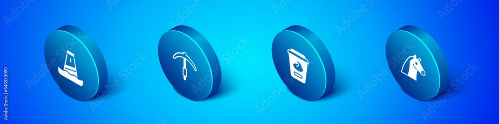 Set Isometric Lighthouse, Yogurt container, Horse and Pickaxe icon. Vector Set Isometric Lighthouse, Yogurt container, Horse and Pickaxe icon. Vector