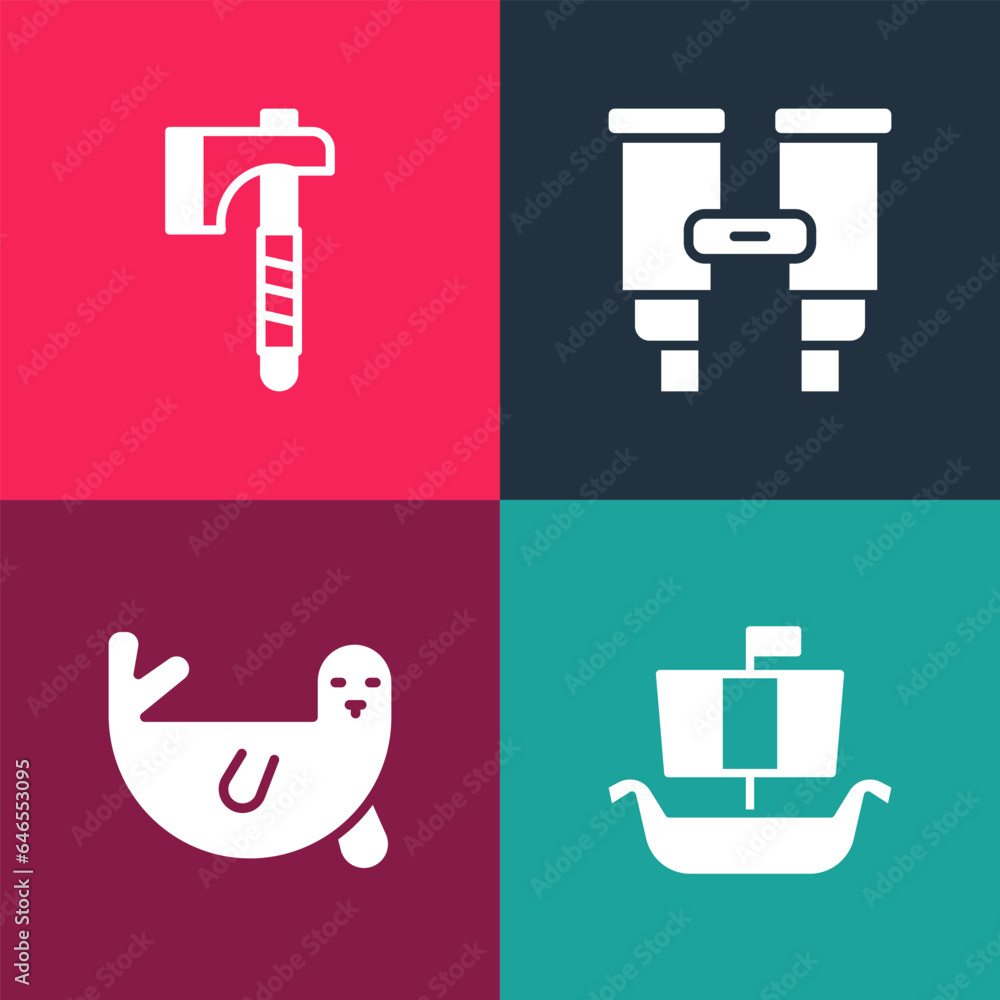 Set pop art Viking ship Drakkar, Fur seal animal, Binoculars and Wooden axe icon. Vector Set pop art Viking ship Drakkar, Fur seal animal, Binoculars and Wooden axe icon. Vector