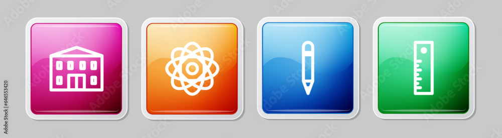 Set line School building, Atom, Pencil with eraser and Ruler. Colorful square button. Vector Set line School building, Atom, Pencil with eraser and Ruler. Colorful square button. Vector