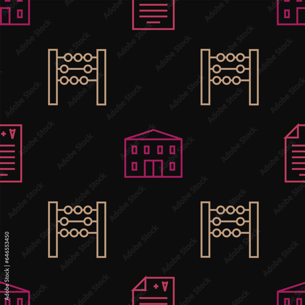 Fototapeta premium Set line Exam sheet with A plus grade, Abacus and School building on seamless pattern. Vector