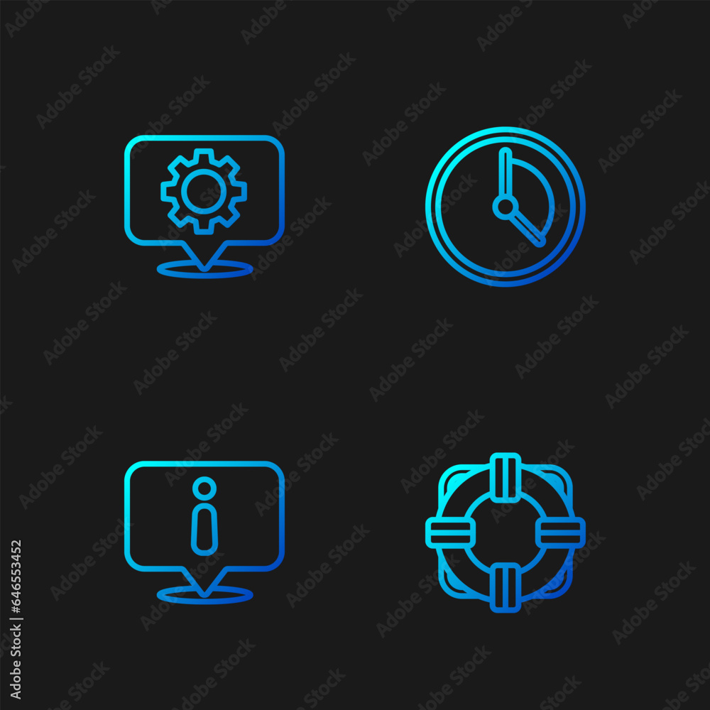 Set line Lifebuoy, Information, Location with gear and Time Management. Gradient color icons. Vector
