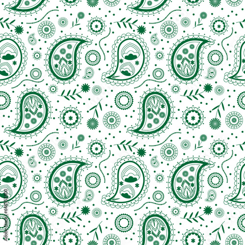 Green bandana kerchief paisley fabric patchwork abstract vector seamless pattern.