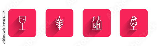 Set line Wine glass, Hop, Bottles of wine and Cocktail with long shadow. Red square button. Vector