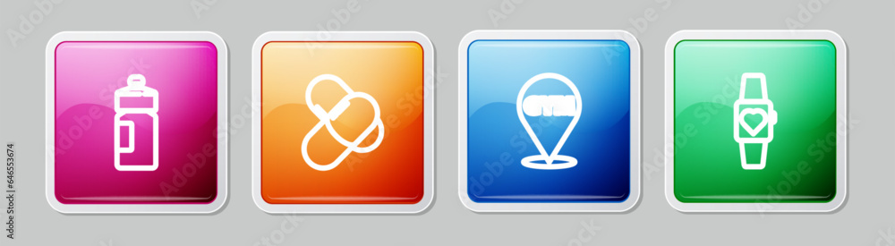 Set line Fitness shaker, Sports nutrition, Location gym and Smartwatch. Colorful square button. Vector