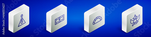 Set Isometric line Balalaika, Russian ruble banknote, Dumpling and National emblem of icon. Vector