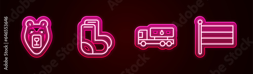 Set line Bear head, Valenki, Tanker truck and National Russia flag. Glowing neon icon. Vector
