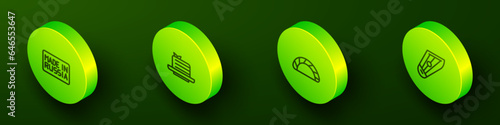 Set Isometric line Made in Russia, Medovik, Dumpling and Kankles icon. Vector