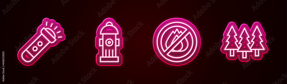 Set line Flashlight, Fire hydrant, No fire and Forest. Glowing neon icon. Vector Set line Flashlight, Fire hydrant, No fire and Forest. Glowing neon icon. Vector