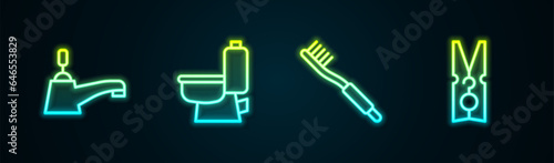 Set line Water tap, Toilet bowl, Toothbrush and Clothes pin. Glowing neon icon. Vector