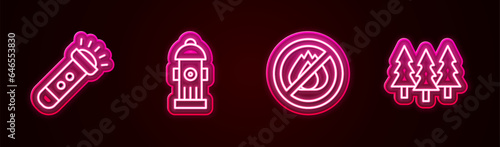 Set line Flashlight, Fire hydrant, No fire and Forest. Glowing neon icon. Vector