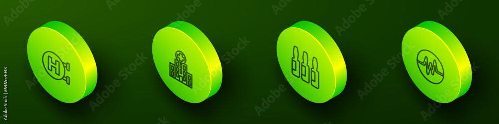 Set Isometric line Hospital signboard, Medical hospital building, vial, ampoule and Heart rate icon. Vector
