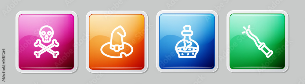 Set line Skull on crossbones, Witch hat, Bottle with potion and Magic wand. Colorful square button. Vector Set line Skull on crossbones, Witch hat, Bottle with potion and Magic wand. Colorful square button. Vector