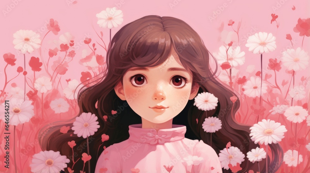 A girl in a pink dress standing in a field of flowers A girl in a pink dress standing in a field of flowers
