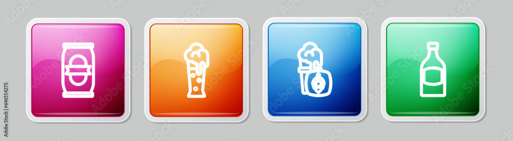 Set line Beer can, Glass of beer, and bottle. Colorful square button. Vector Set line Beer can, Glass of beer, and bottle. Colorful square button. Vector