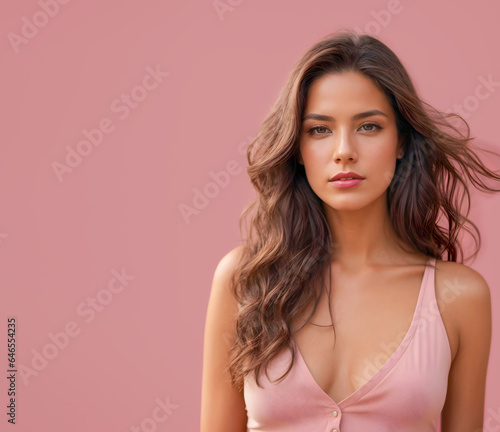 Beautiful brunette model wearing pink dress, isolated on a pink background, Cosmetics, beauty, available copy space