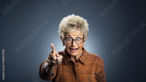 senior woman pointing isolated on background
