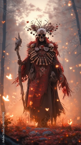 A skeleton dressed in a red outfit standing in a forest