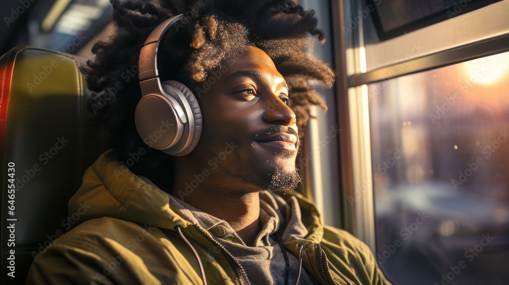 young african american man with headphones on bus or train traveling
