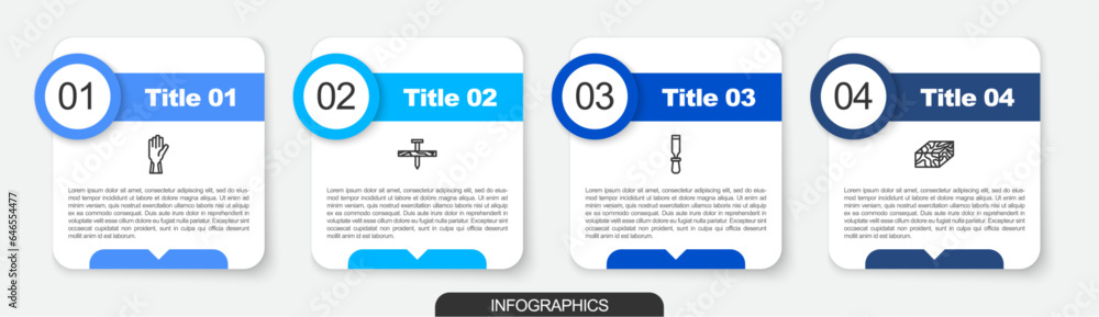 Set line Protective gloves, Metallic nail, Chisel tool and Wooden beam. Business infographic template. Vector Set line Protective gloves, Metallic nail, Chisel tool and Wooden beam. Business infographic template. Vector