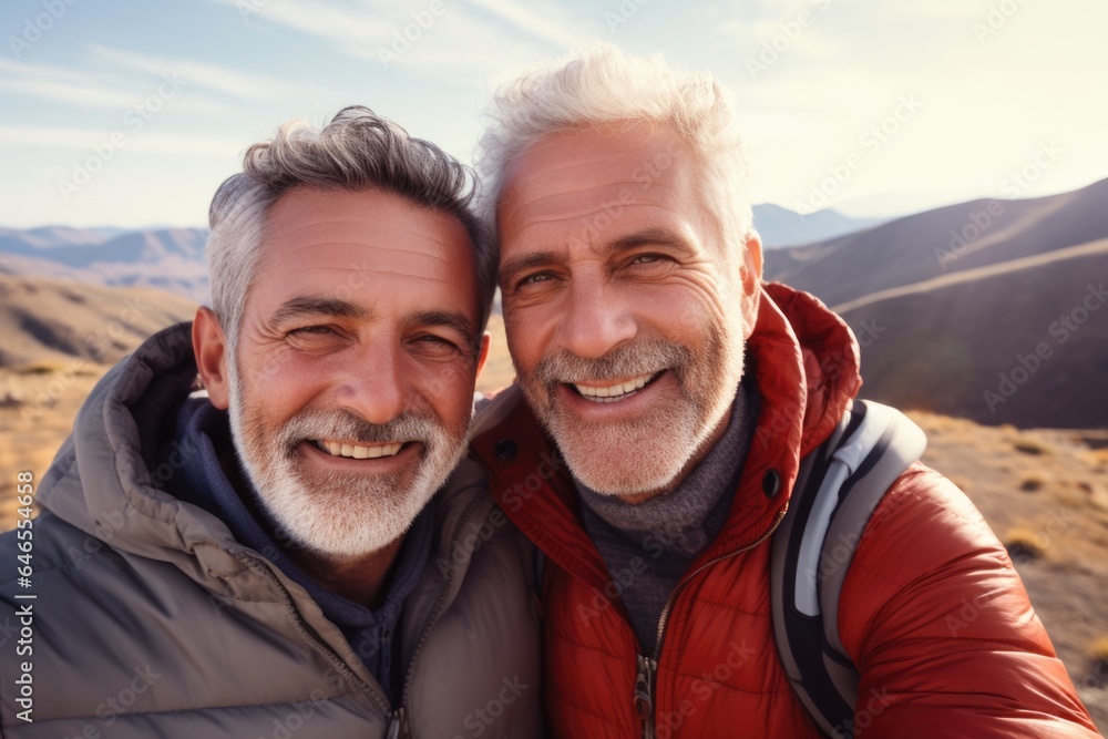 Two aged men travel and take selfies near the mountains