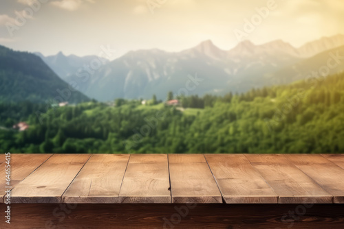 Wooden table terrace with Morning fresh atmosphere nature landscape. Mountain view illustration of wooden background for product placing