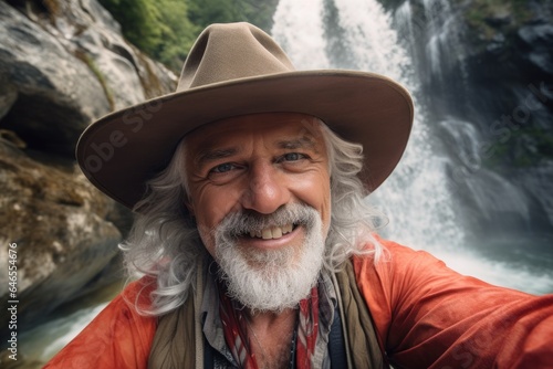 A man in a cowboy hat takes a selfie near a waterfall