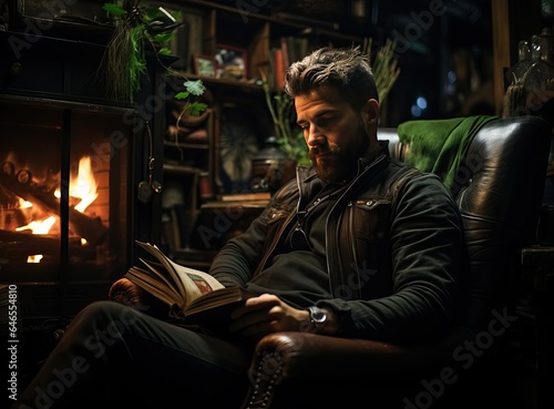  Cozy winter, beautiful male reading book in front of window with fire place