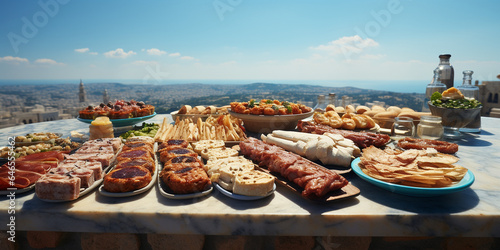 Mediterranes gegrilltes Essen wunderbar zubereitet mit Südländischen Hintergrund und Himmel im Querformat für Banner, ai generativ