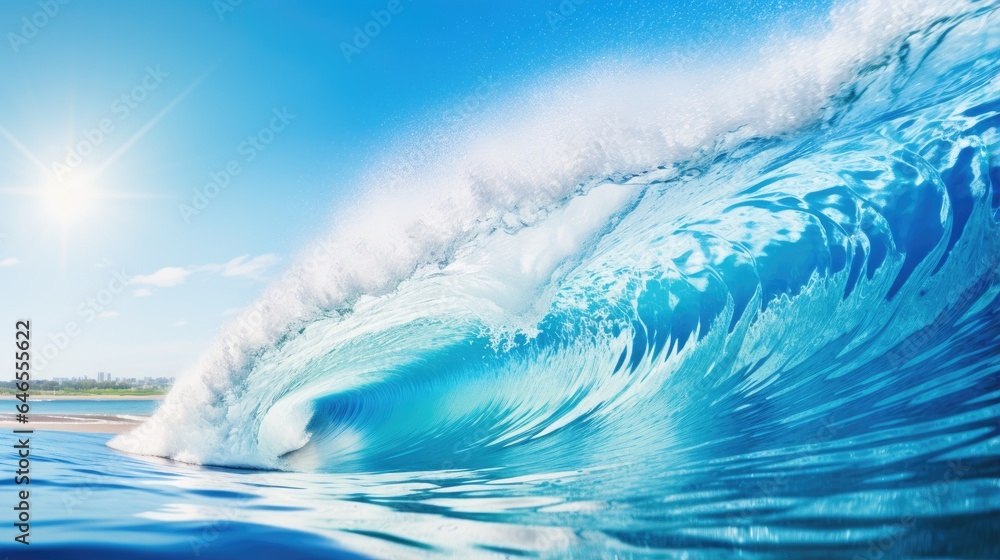 Barrel wave for surfing in the blue ocean. Stormy heavy sea. A strong storm with big waves in the ocean. Power of nature. Illustration for cover, card, postcard, interior design, decor or print. Barrel wave for surfing in the blue ocean. Stormy heavy sea. A strong storm with big waves in the ocean. Power of nature. Illustration for cover, card, postcard, interior design, decor or print.
