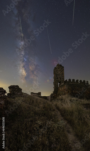 Castrotorafe Castle, Perseids and Milky Way. Is a military fortification located in the depopulated area of Castrotorafe, province of Zamora, autonomous community of Castilla y León, Spain.