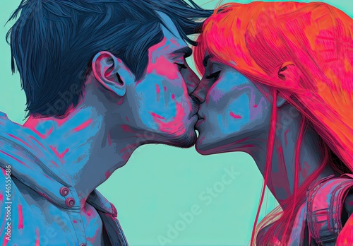 Passionate kiss between charming handsome lovers. Colorfull image of loving couple. Cropped close up profile. Digital art in brush stroke style. Illustration for cover, card, interior design or print. photo