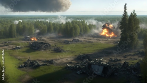 panomara picture of war zone in a east european forrest. Artillery fire in war zone in a forest. Generative Ai
