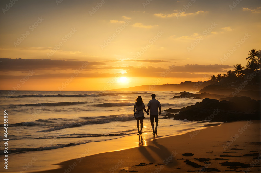 Romantic Sunset Silhouette of Couple on Tranquil Beach with Golden Hour Scenic Beauty, Ocean Waves, and Serene Love