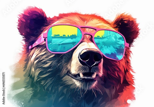 Colorful painting of bear. Digital art of multicolored grizzly on white background. Full muzzle view. Graffiti style. Printable design for t-shirts, mugs, cases, bags, pillows etc. © Login