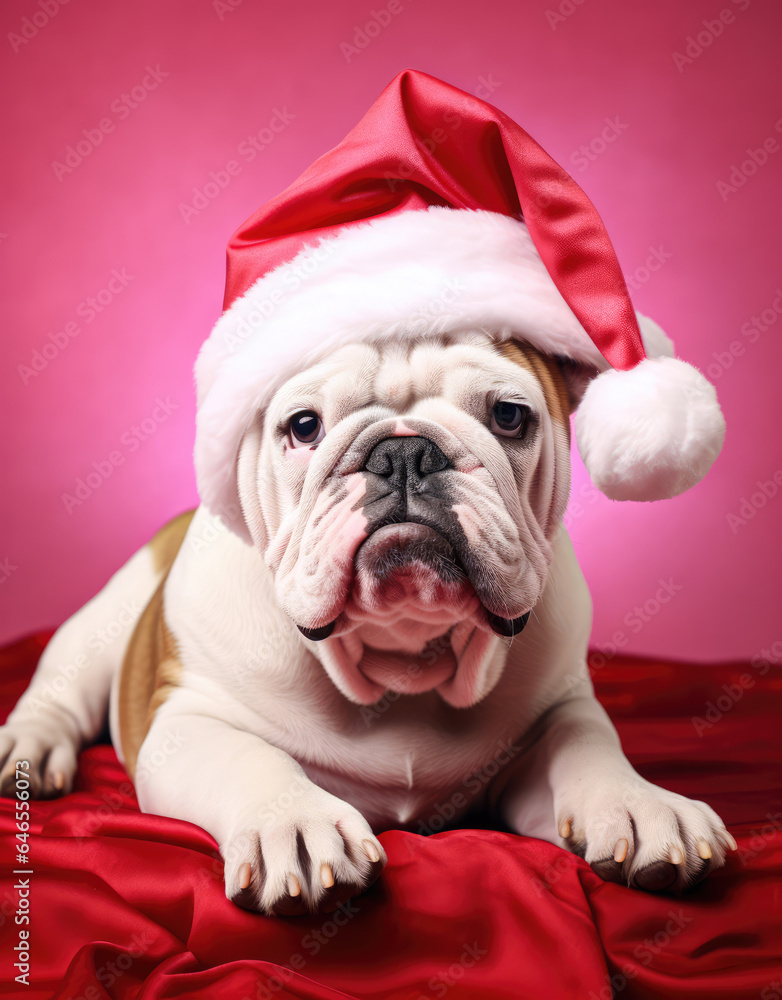 New Year animal concept, a pet during the Christmas winter holidays. The holidays are coming, a dog dressed as Santa brings gifts to good children.