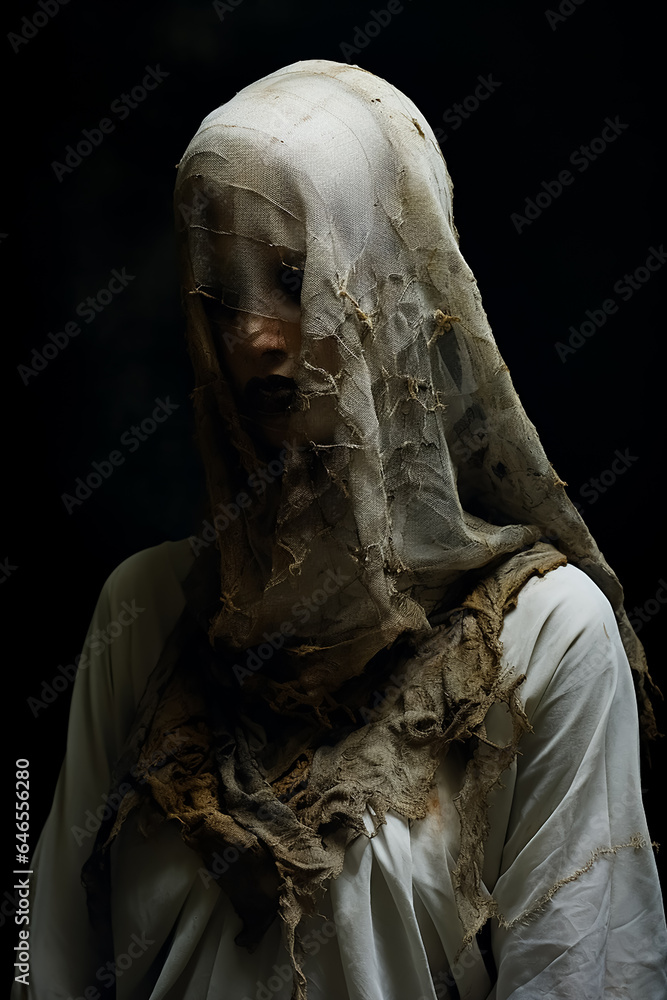 horror witch, fashion girl in dusty fabrics hood, mummy style horror witch, fashion girl in dusty fabrics hood, mummy style