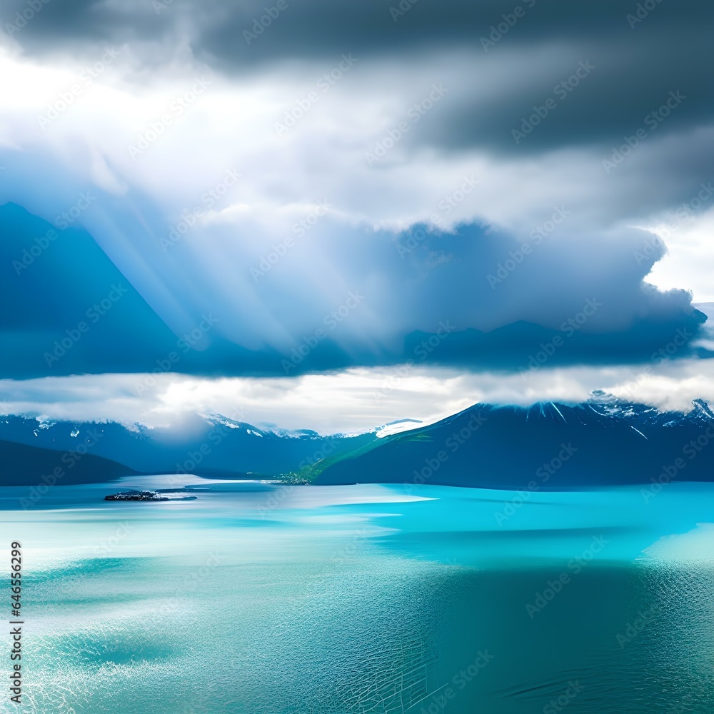 Blue-green clouds over the sea. Toned dark teal water and sky. Background with space for design. The mountains on the horizon. Calm, tranquility atmosphere. Blue-green clouds over the sea. Toned dark teal water and sky. Background with space for design. The mountains on the horizon. Calm, tranquility atmosphere.