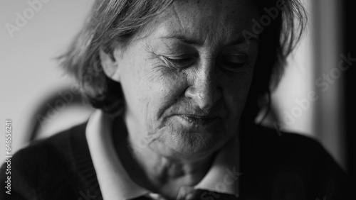 Thoughtful senior woman close-up face in monochrome, pensive elderly lady in 70s thinking in black and white