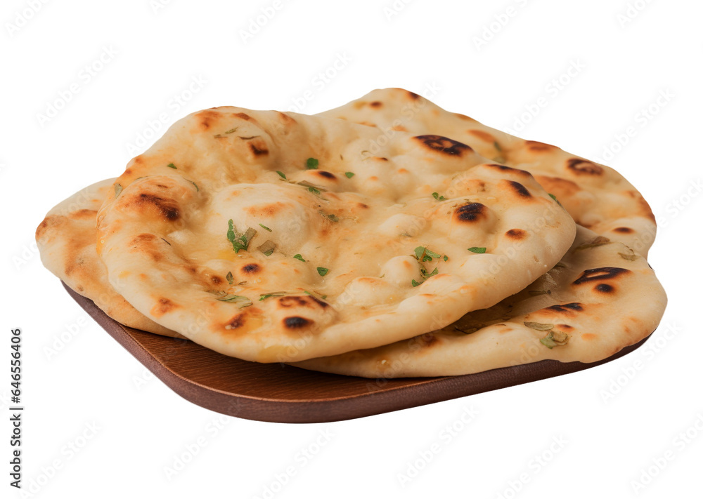 Butter garlic naan on transparent background. Generative AI. Butter garlic naan on transparent background. Generative AI.