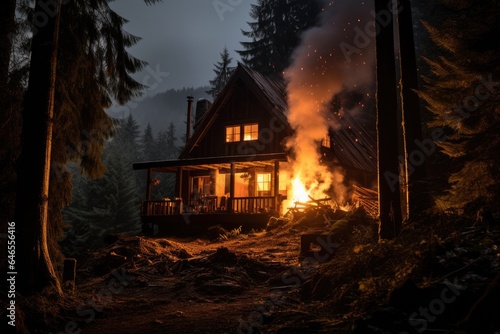 A cozy cabin in the woods, lit from within, with a fire burning outside.