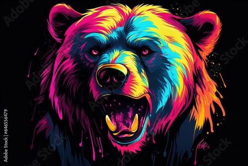 Colorful bear head with a piercing gaze  isolated on a black background.
