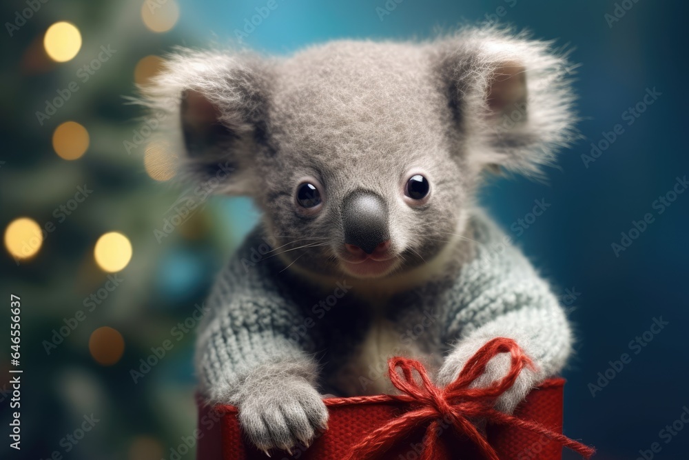 cute baby Koala bear with christmas gift boxes on blurred xmas tree background cute baby Koala bear with christmas gift boxes on blurred xmas tree background
