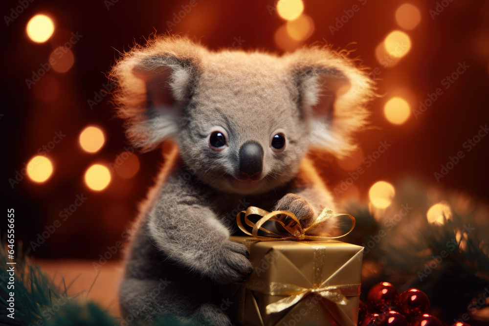 cute baby Koala bear with christmas gift boxes on blurred xmas tree background cute baby Koala bear with christmas gift boxes on blurred xmas tree background