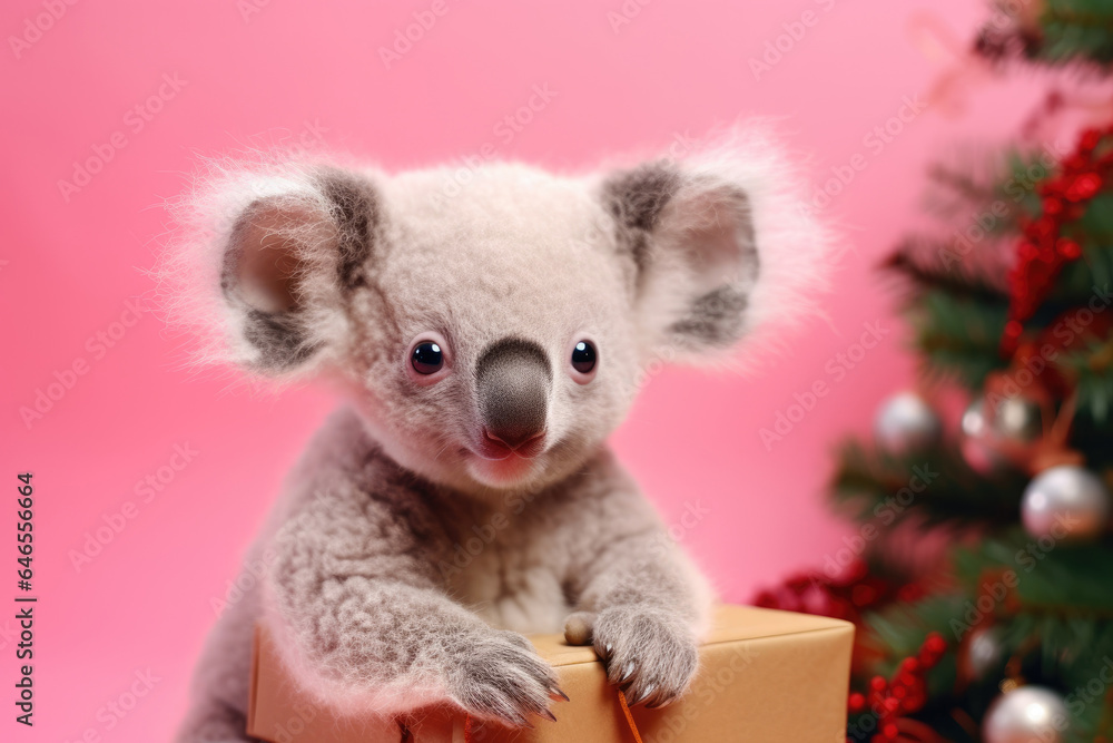 cute baby Koala bear with christmas gift boxes on pink background cute baby Koala bear with christmas gift boxes on pink background