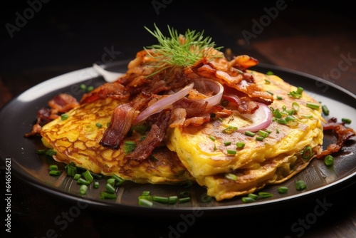 Omelet with bacon, green onions, and cheese on a plate.