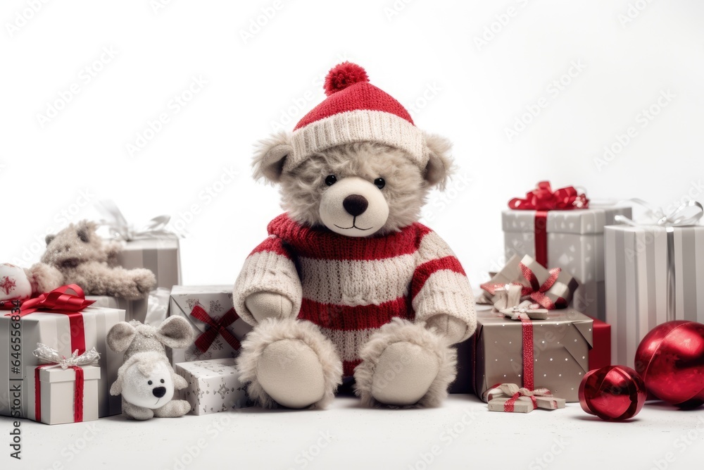 cute baby teddy bear with christmas gift boxes on white background cute baby teddy bear with christmas gift boxes on white background