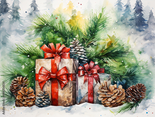 Christmas background with gift boxes in watercolor and acrylic style 