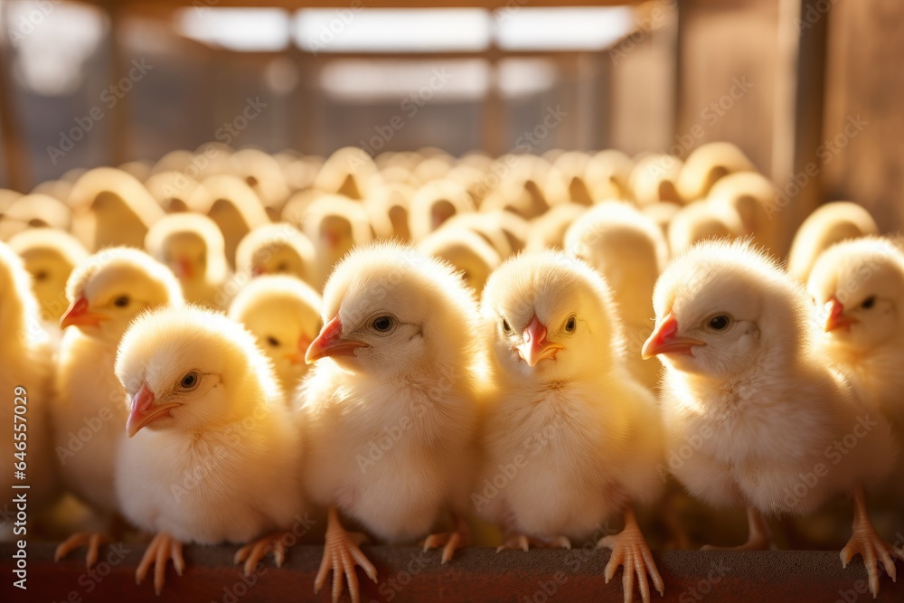 A group of baby chicks of various colors and sizes in a farm. - obrazy, fototapety, plakaty 
