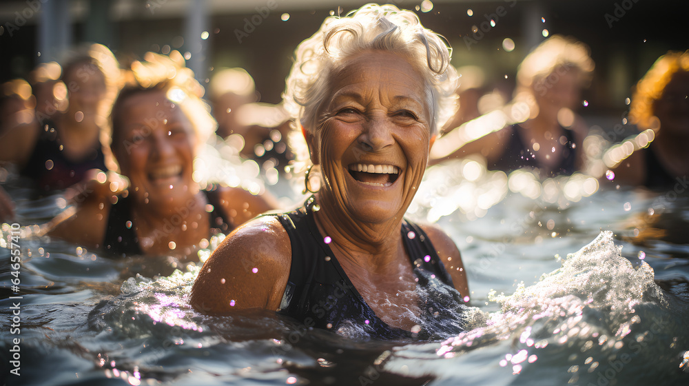 Obraz premium Aktive lebensfrohe Seniorinnen beim Aqua-Fitness im Pool: Freude und Kameradschaft symbolisieren einen gesunden, aktiven Ruhestand